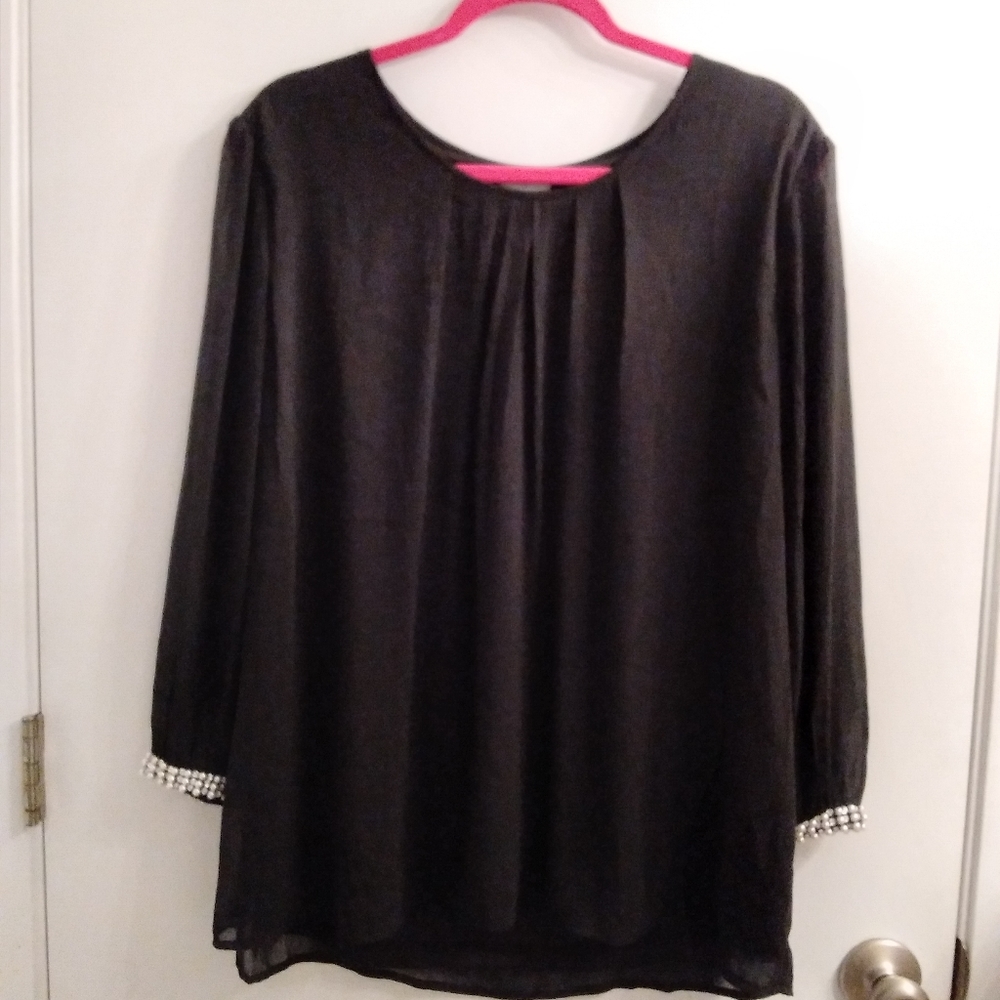 JAClyn Smith Flowy sheer top attached tank Faux Pearl rhinestone trim sl…
